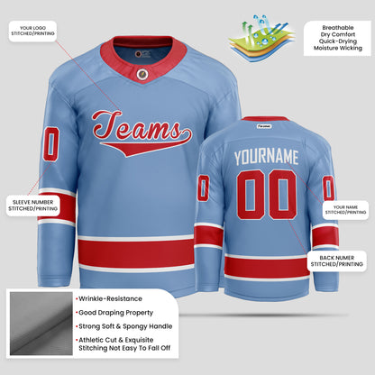 Custom Street Fashion Light Blue and Red Hockey Jersey – Stylish & Personalized