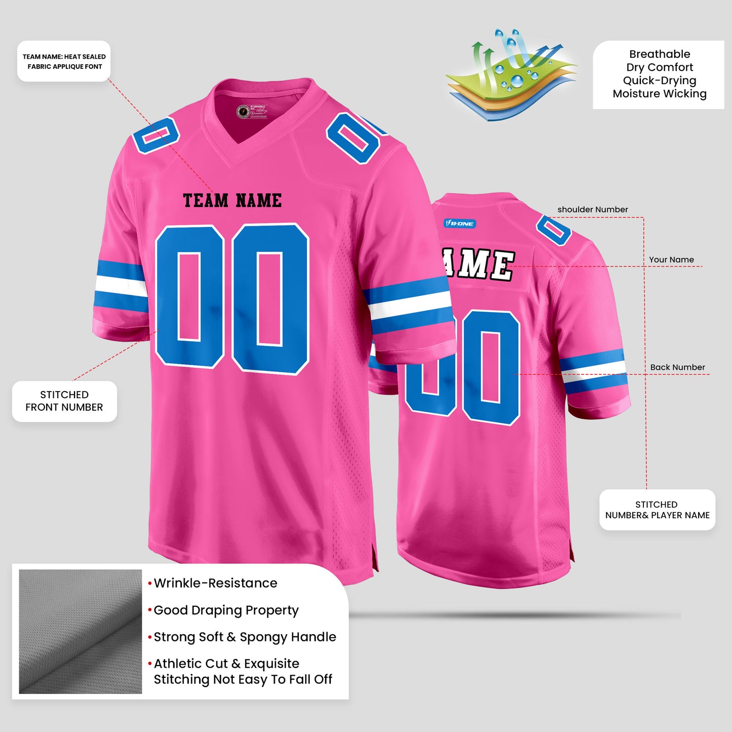 Custom Street Fashion Light Pink and Light Blue Football Jersey – Personalized for Trendy Comfort