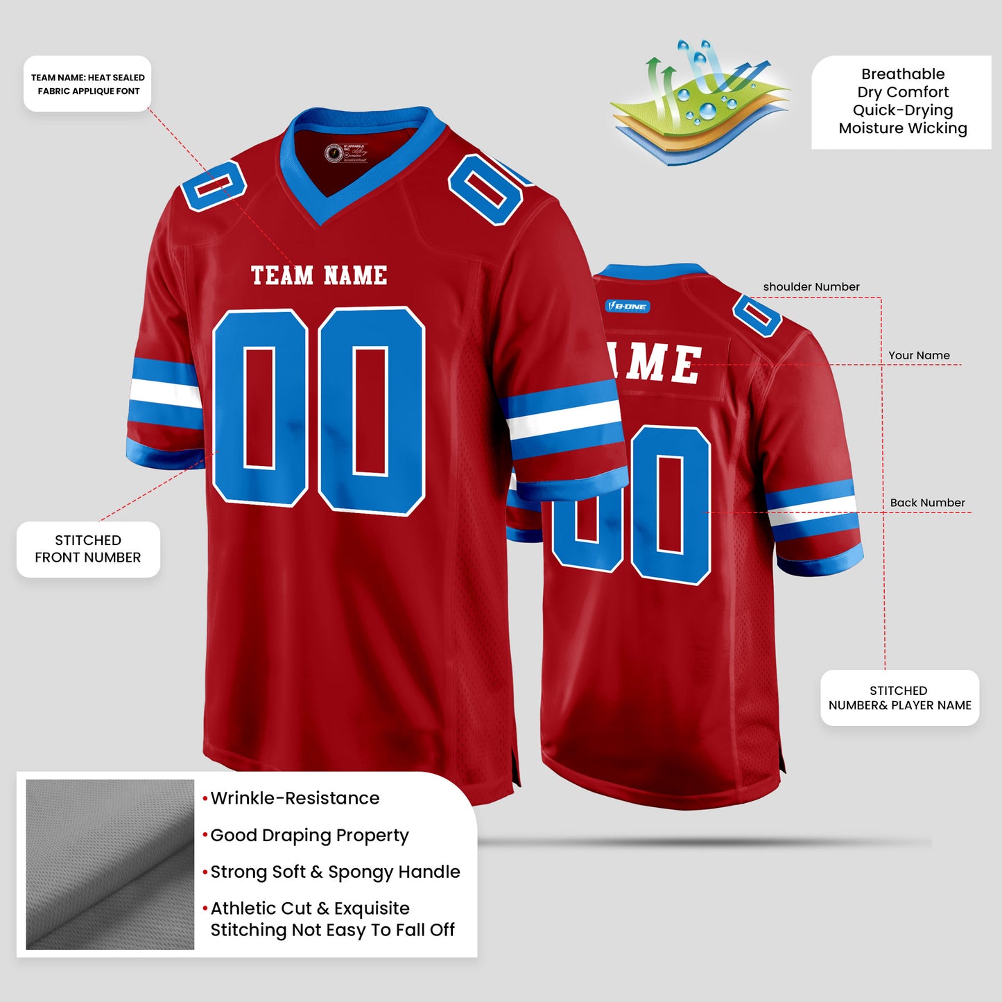 Custom Street Fashion Red, Light Blue, and White Football Jersey – Personalized for Trendy Performance