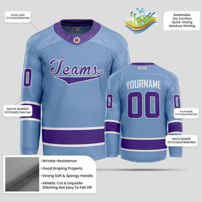 Custom Street Style Light Blue, Purple, and White Hockey Jersey – Trendy & Personalized