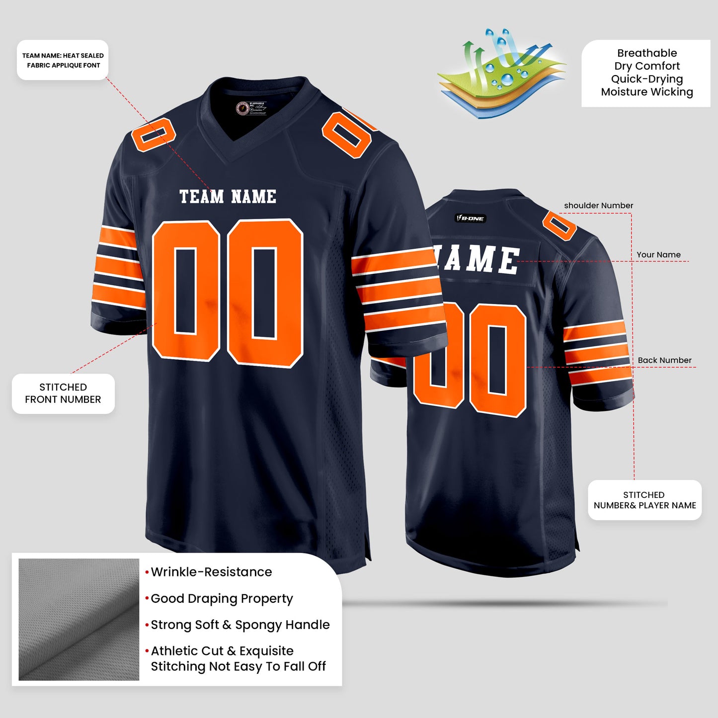 Custom Street Quality Navy Blue and Orange Football Jersey – Premium Personalized Sportswear