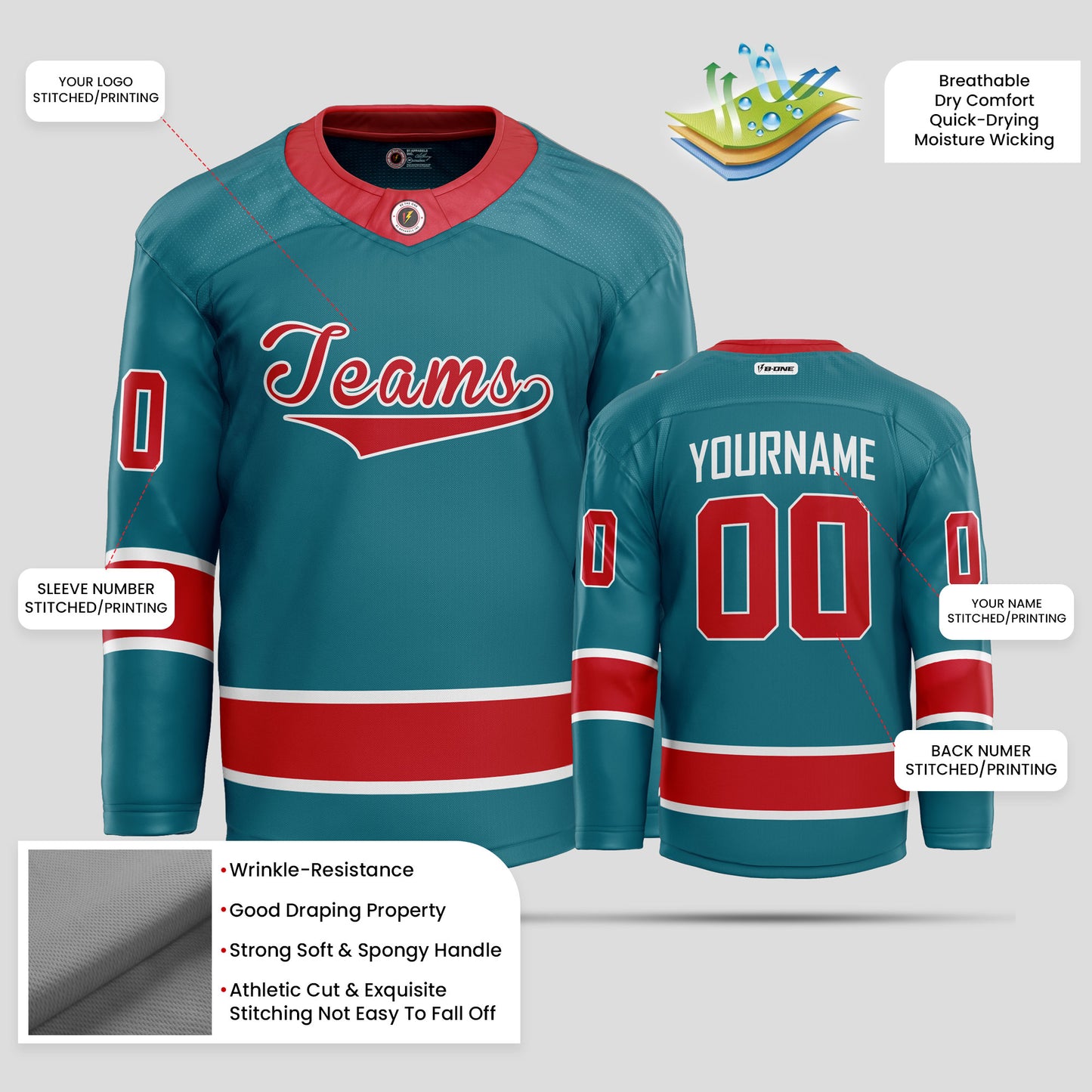 Custom Street Quality Red & Teal Hockey Jersey