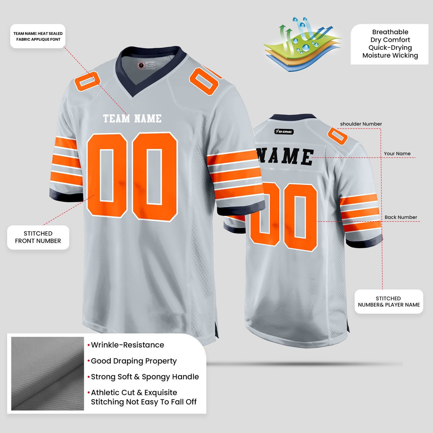 Custom Street Quality Silver, Orange, and Blue Football Jersey – Premium Personalized Sportswear