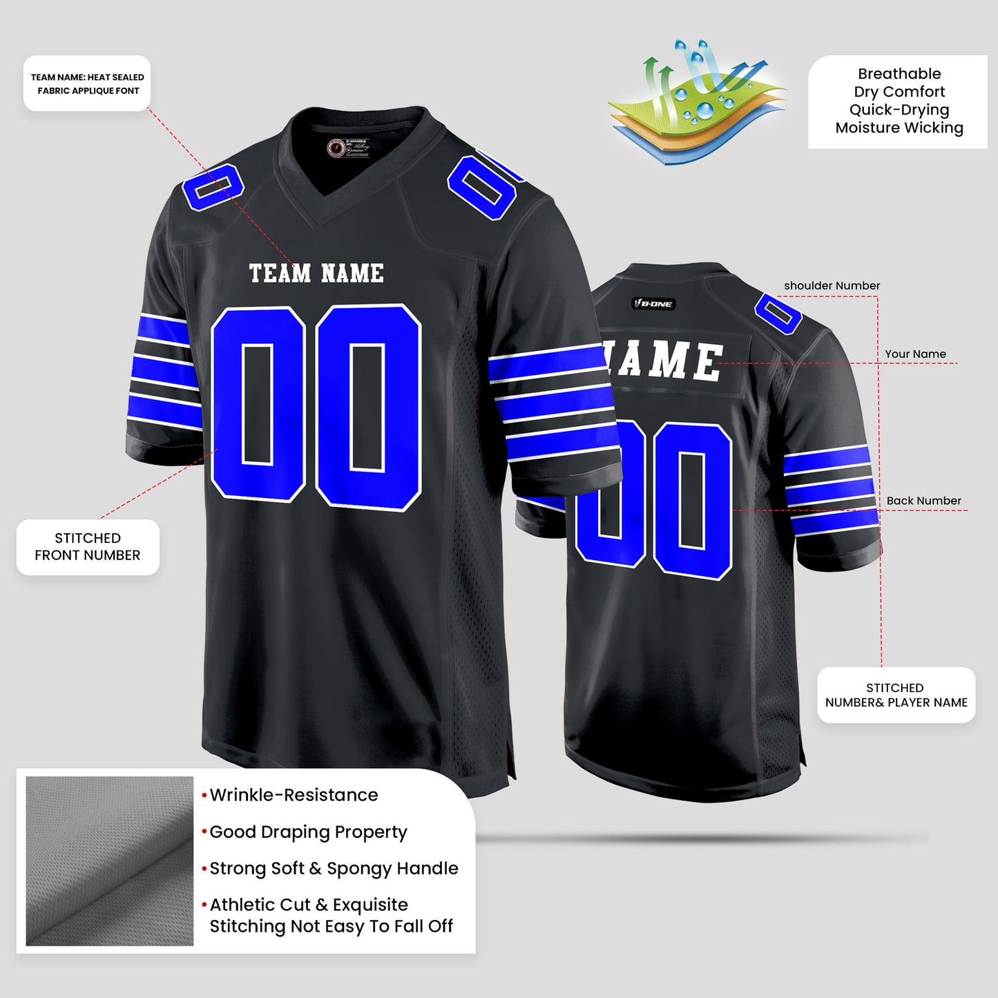 Custom Streetwear Black and Light Blue Football Jersey – High-Quality Urban Style