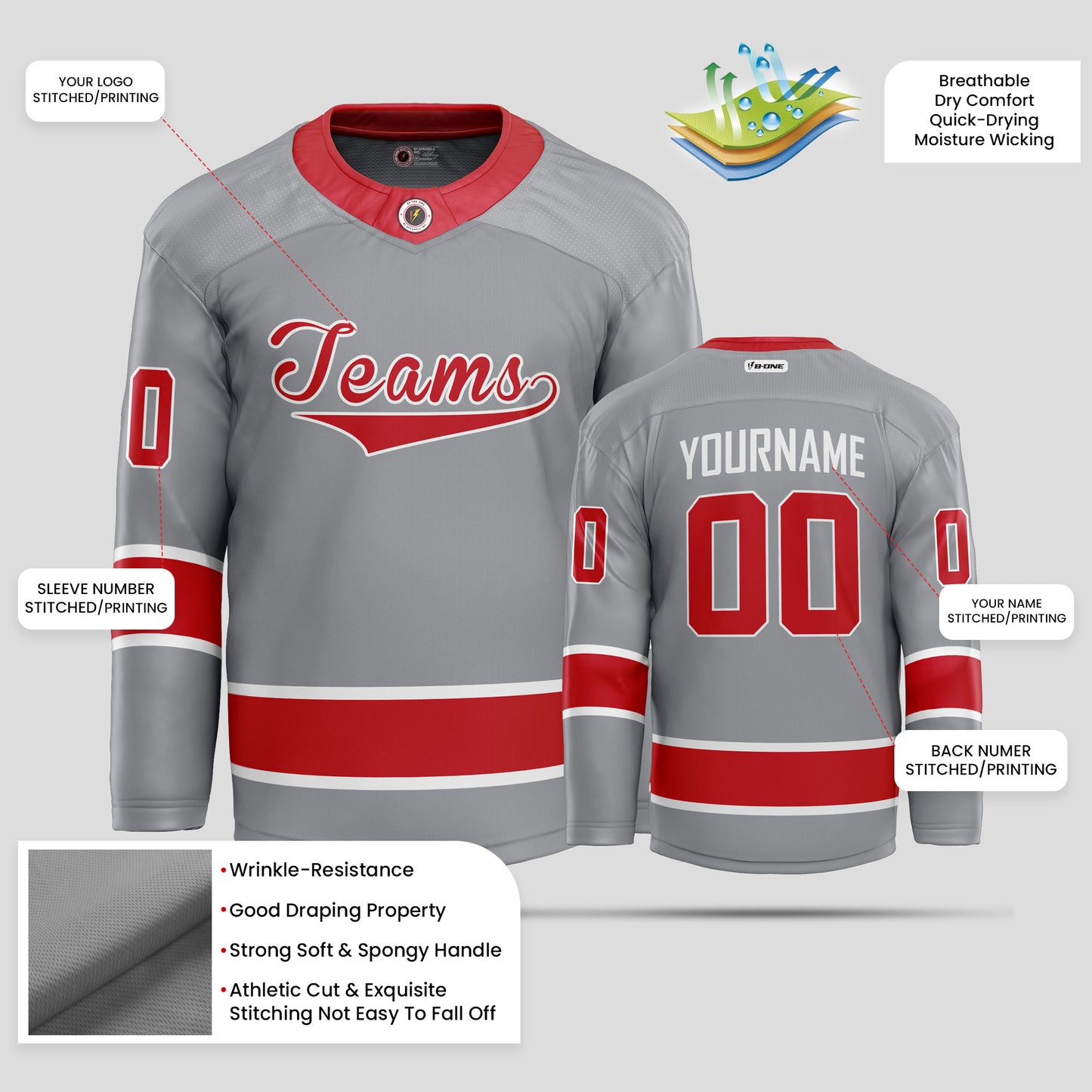 Custom Streetwear Gray and Red Ice Hockey Jersey – Trendy & Personalized