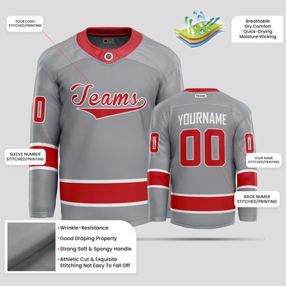 Custom Streetwear Gray and Red Ice Hockey Jersey – Trendy & Personalized