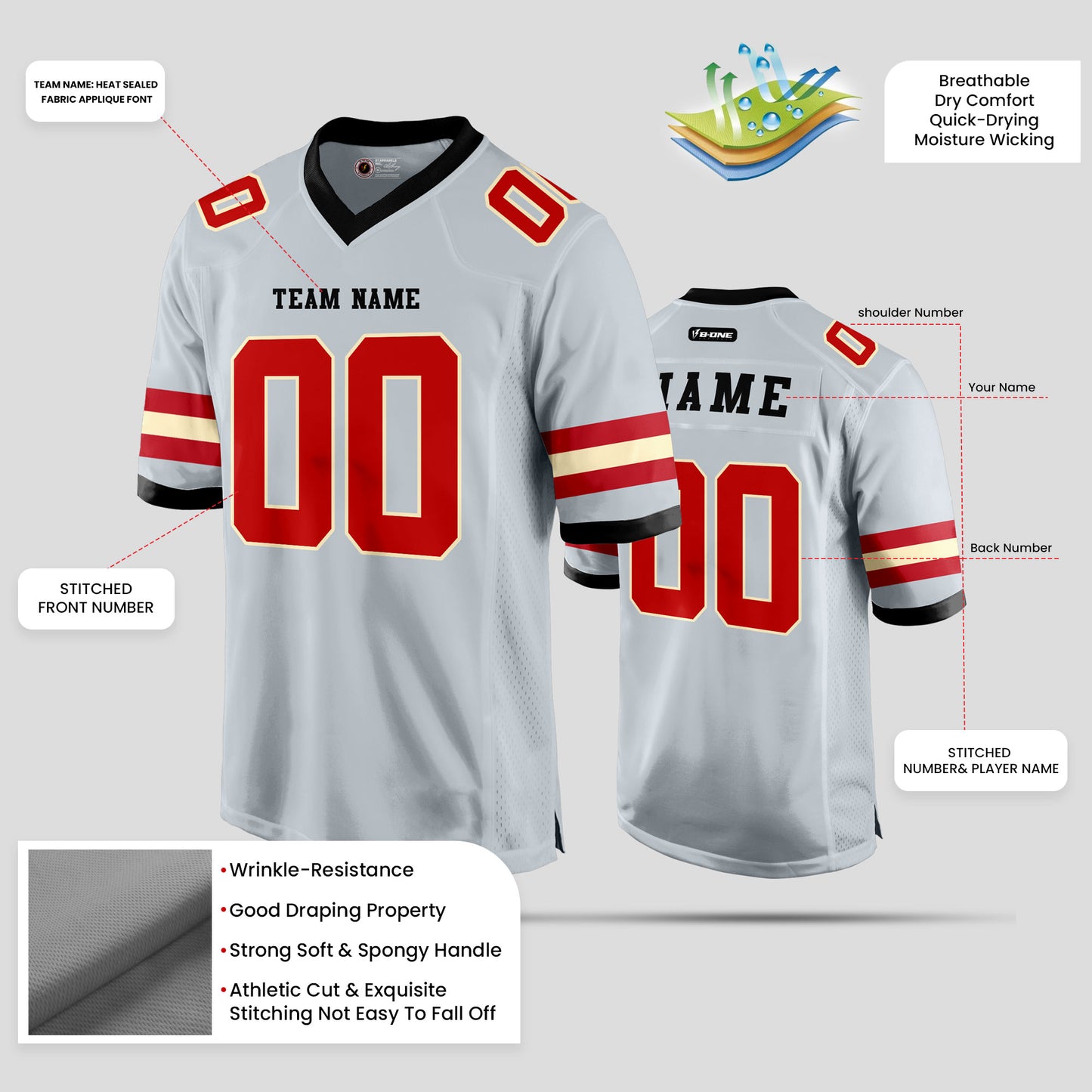 Custom Street Wear Silver and Red Football Jersey – Trendy Personalized Sportswear