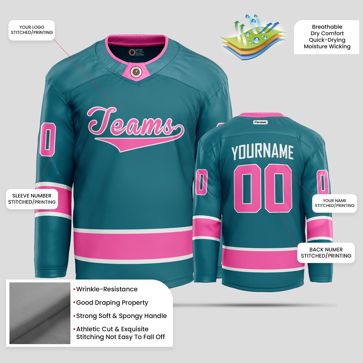 Custom Teal & Pink Authentic Hockey Jersey