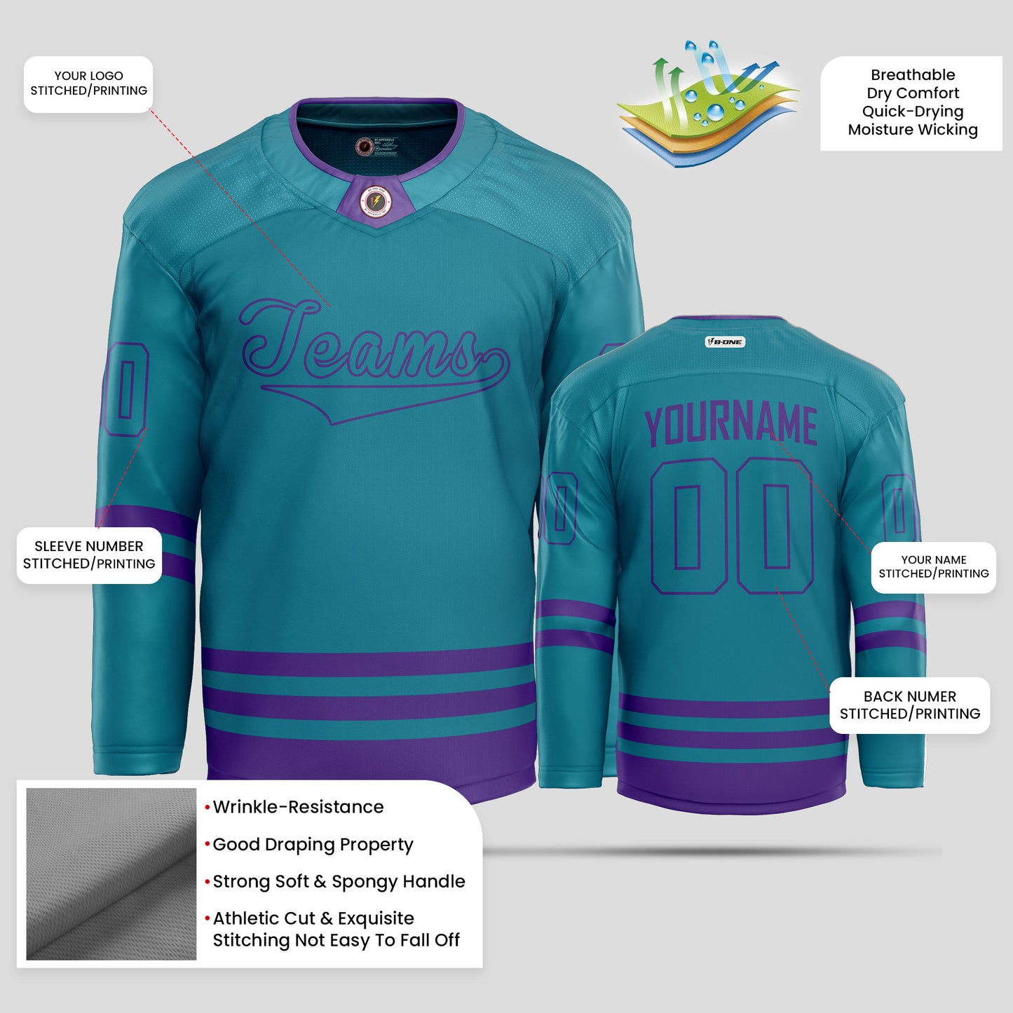 Custom Teal & Purple Authentic Hockey Jersey