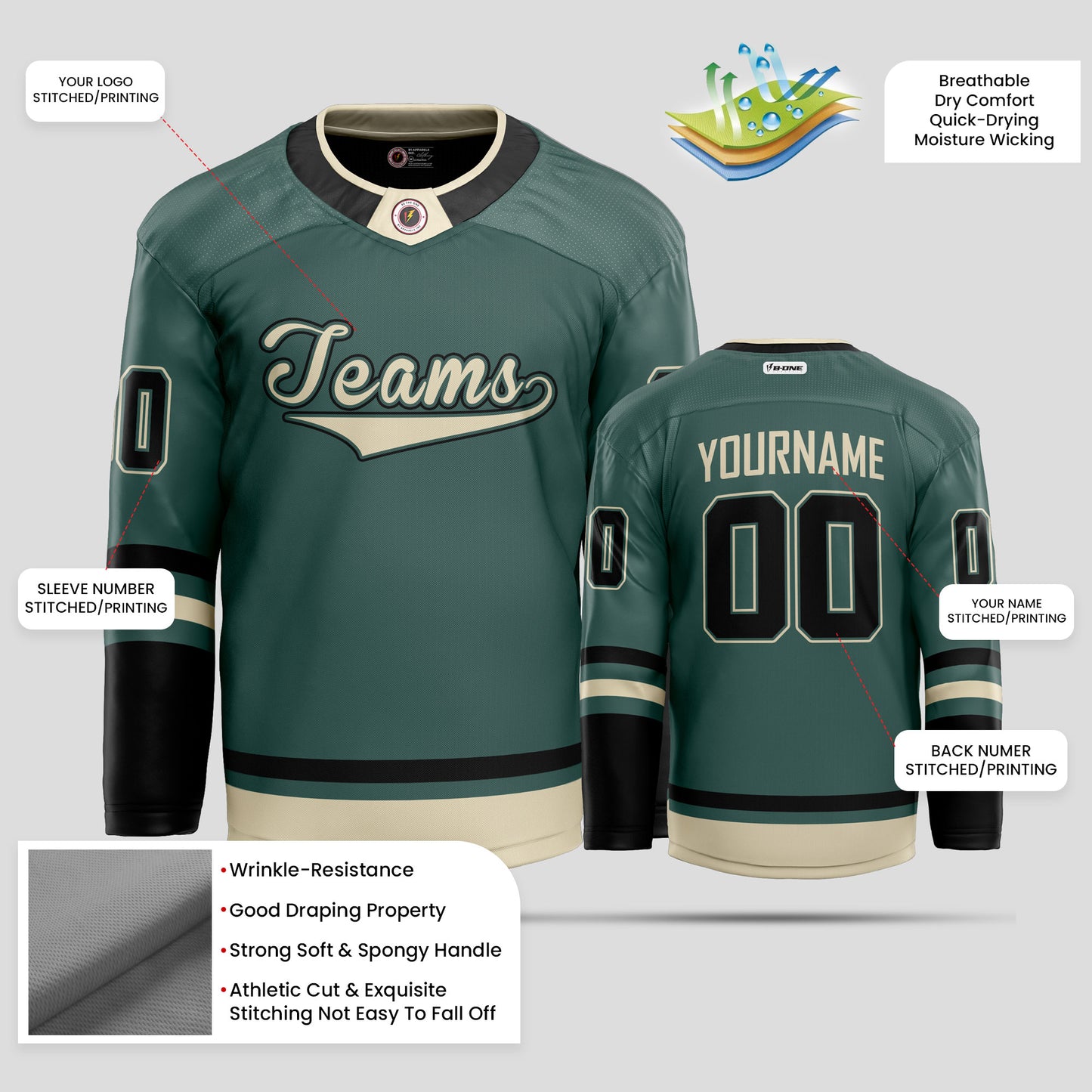 Custom Team Club Black, Gold, & Green Hockey Jersey with OLG Personalization