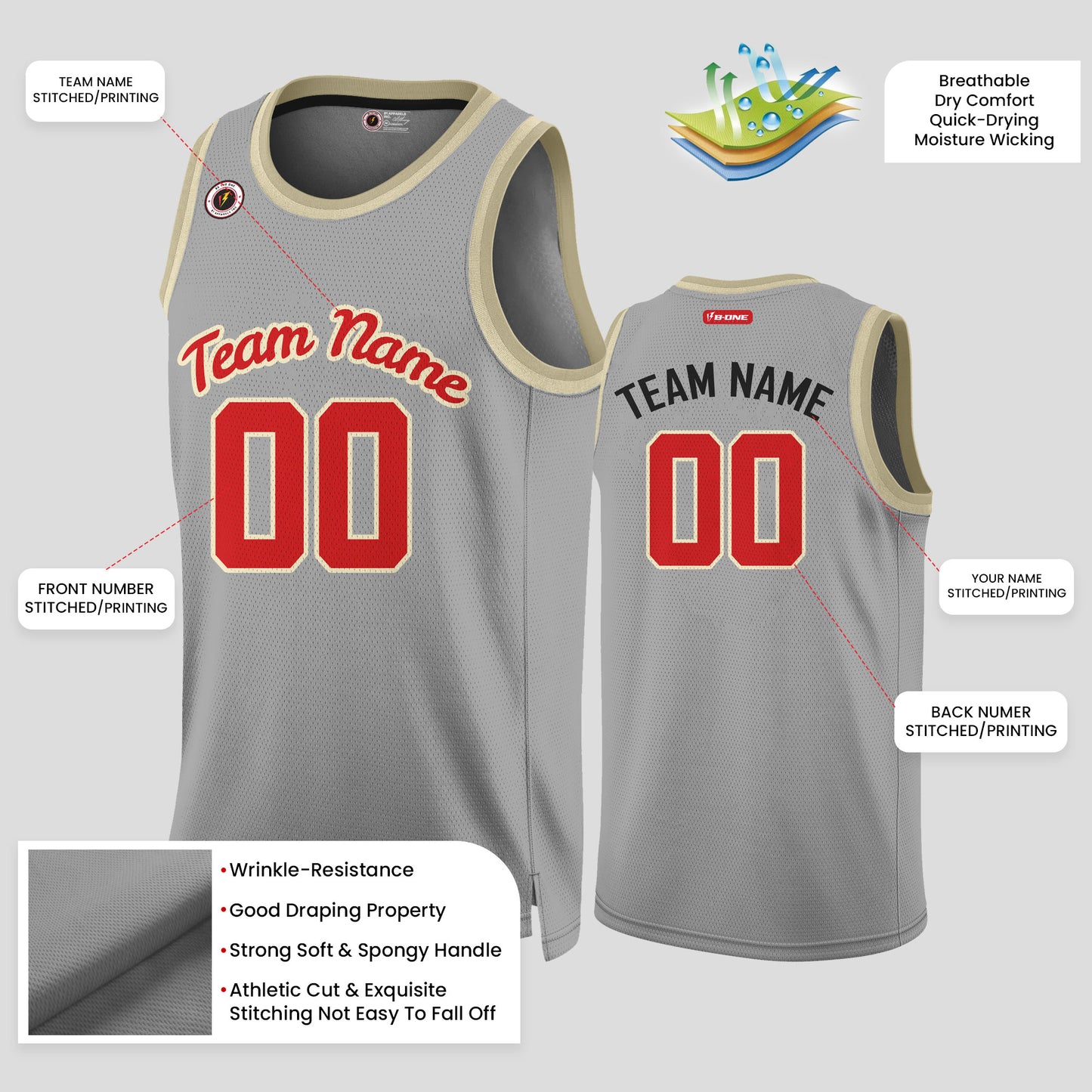 Custom Team Club Gray, Red, and Black Authentic Rib Knit Basketball Jersey