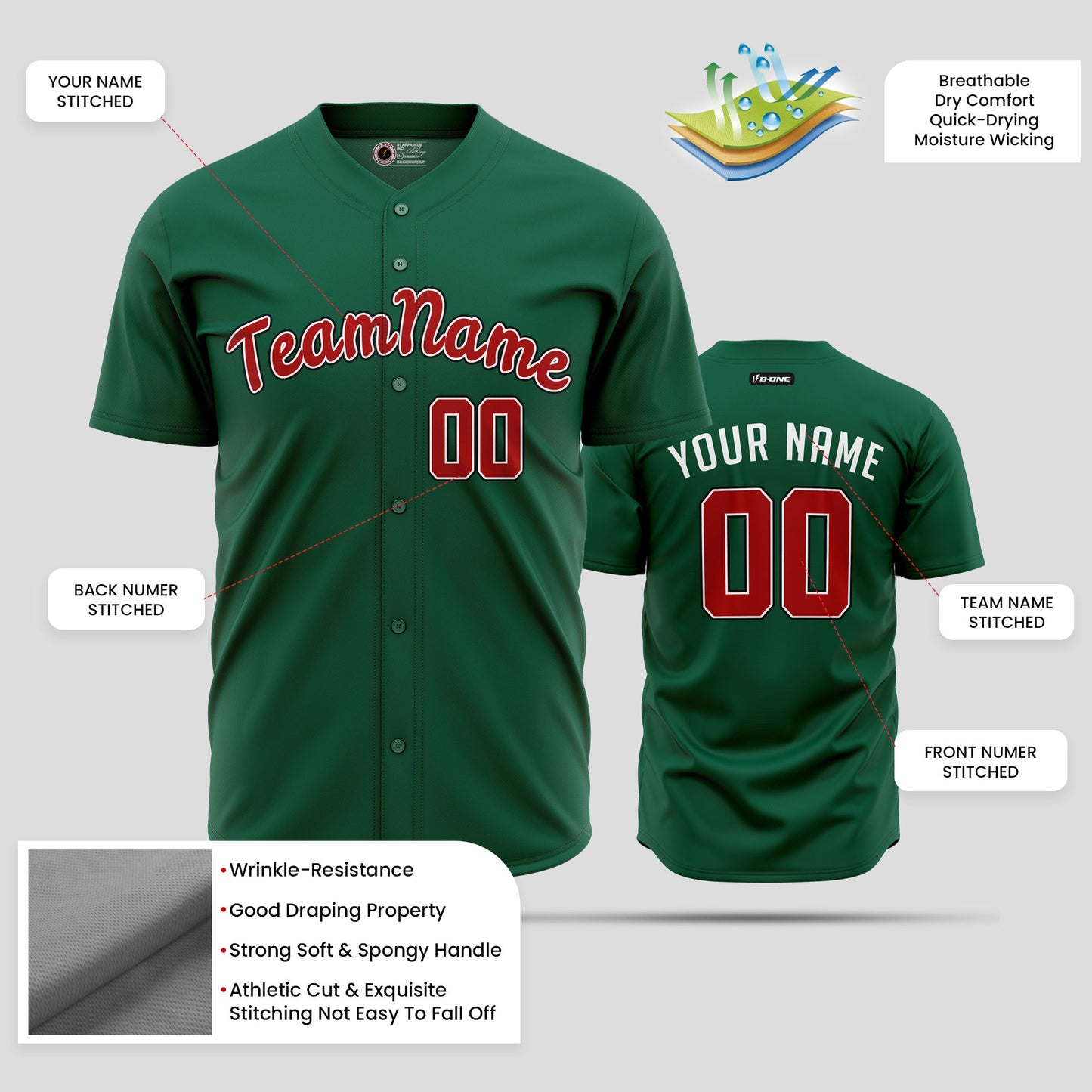 Custom Team Club Kelly Green Red Baseball Jersey - Elite Performance Gear