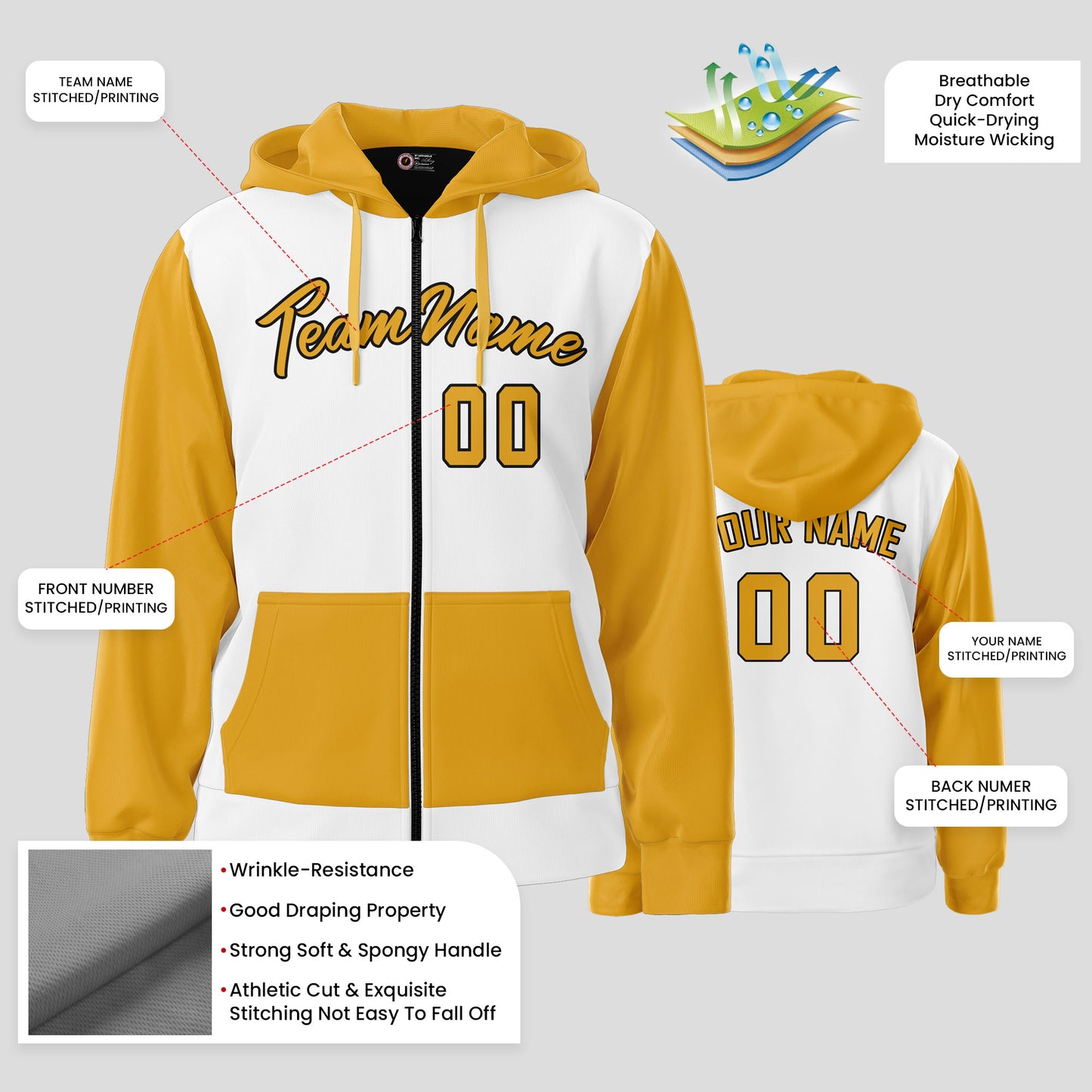 Custom Team Club Name White and Yellow Pullover Sweatshirts Hoodie