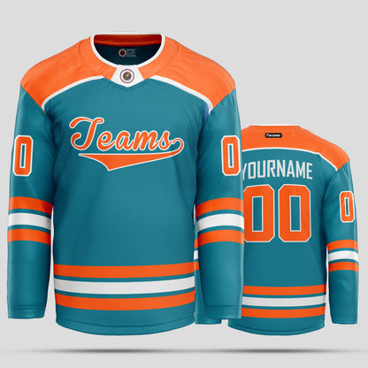 Custom Team Club Orange, White & Teal Hockey Jersey