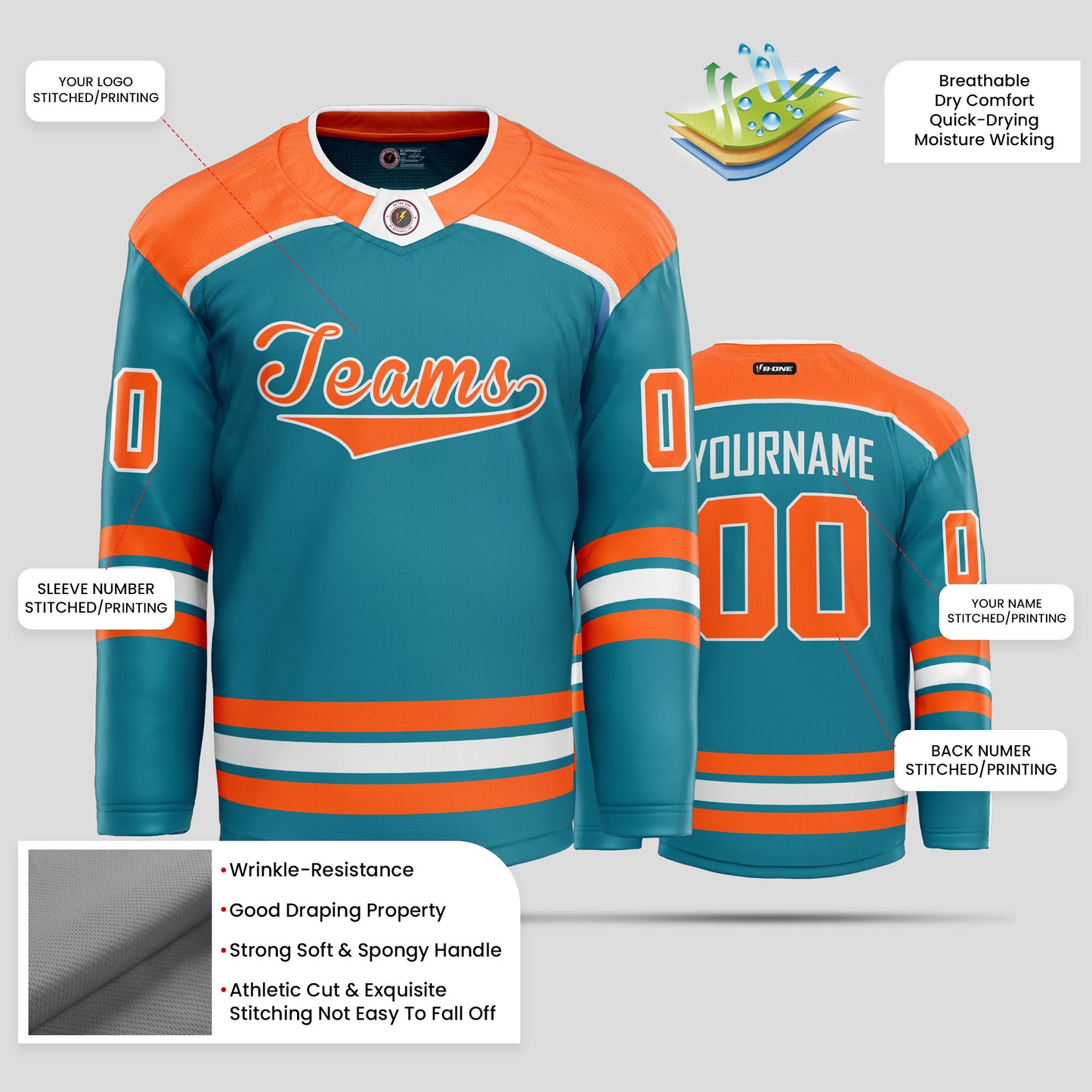 Custom Team Club Orange, White & Teal Hockey Jersey