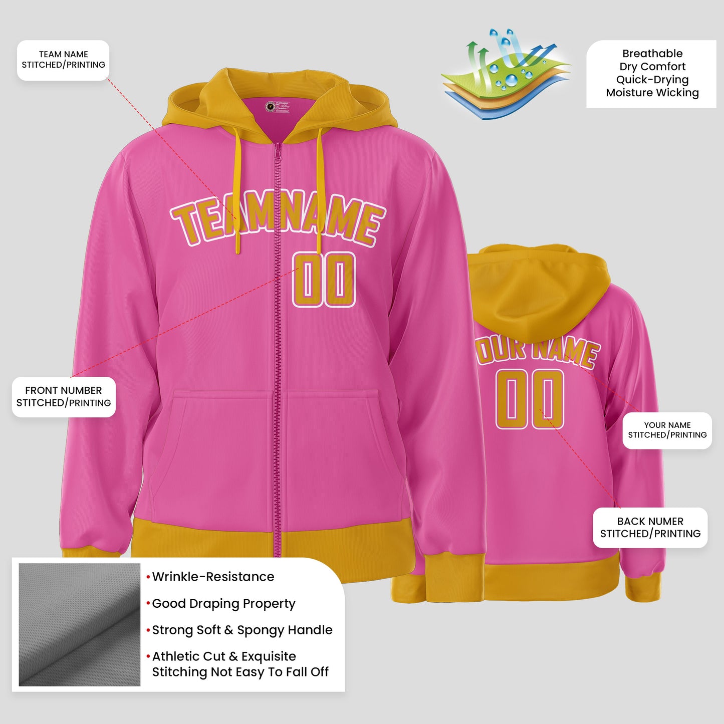 Custom Pink and Yellow Team Club Pullover Sweatshirts Hoodie