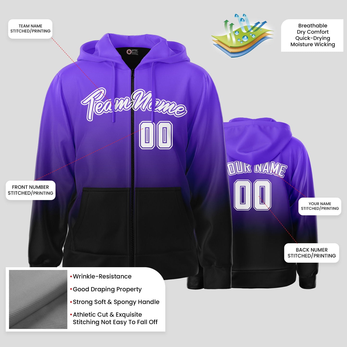 Custom Team Club Purple, Black, and White Sweatshirts Hoodie