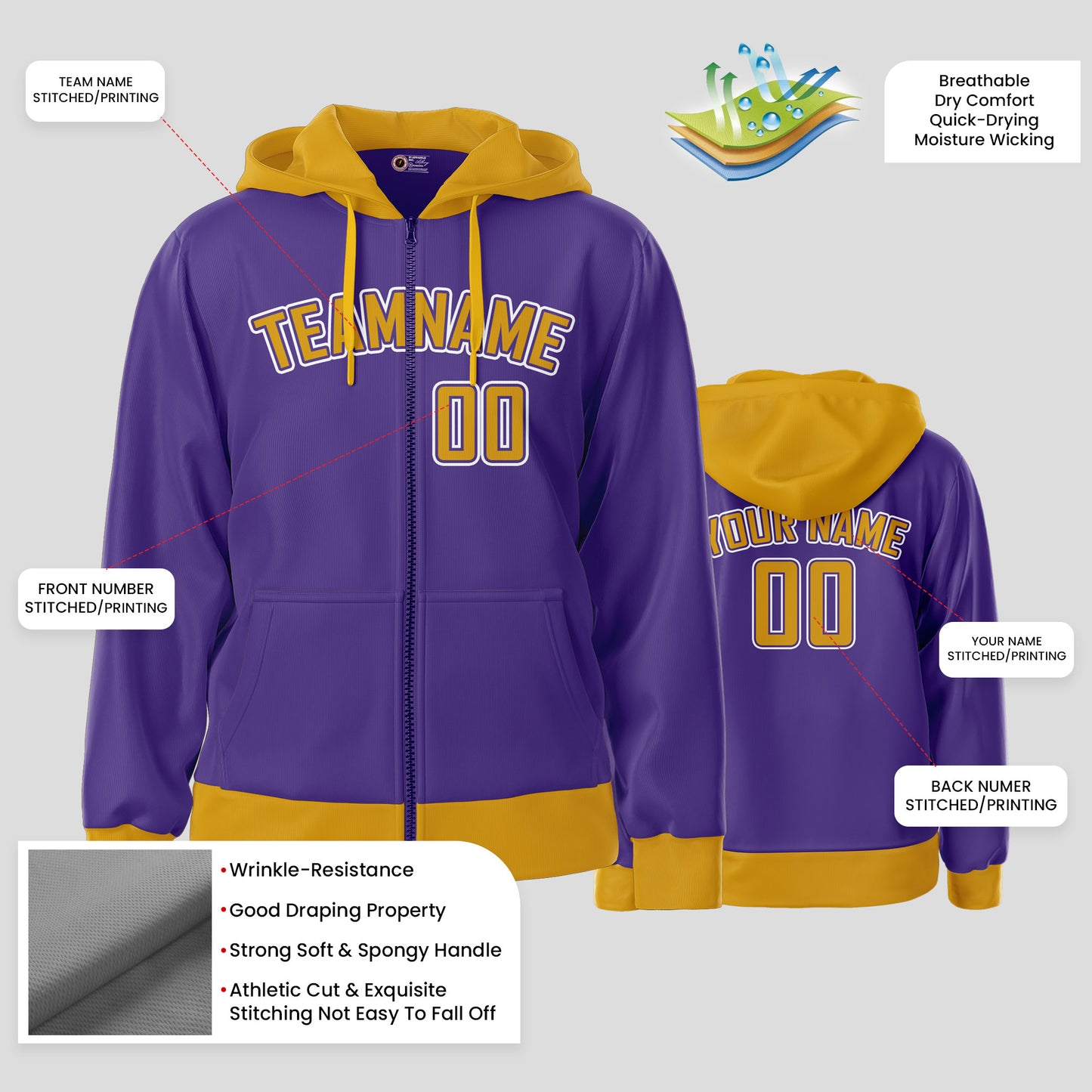 Custom Team Club Purple and Yellow Pullover Sweatshirts Hoodie