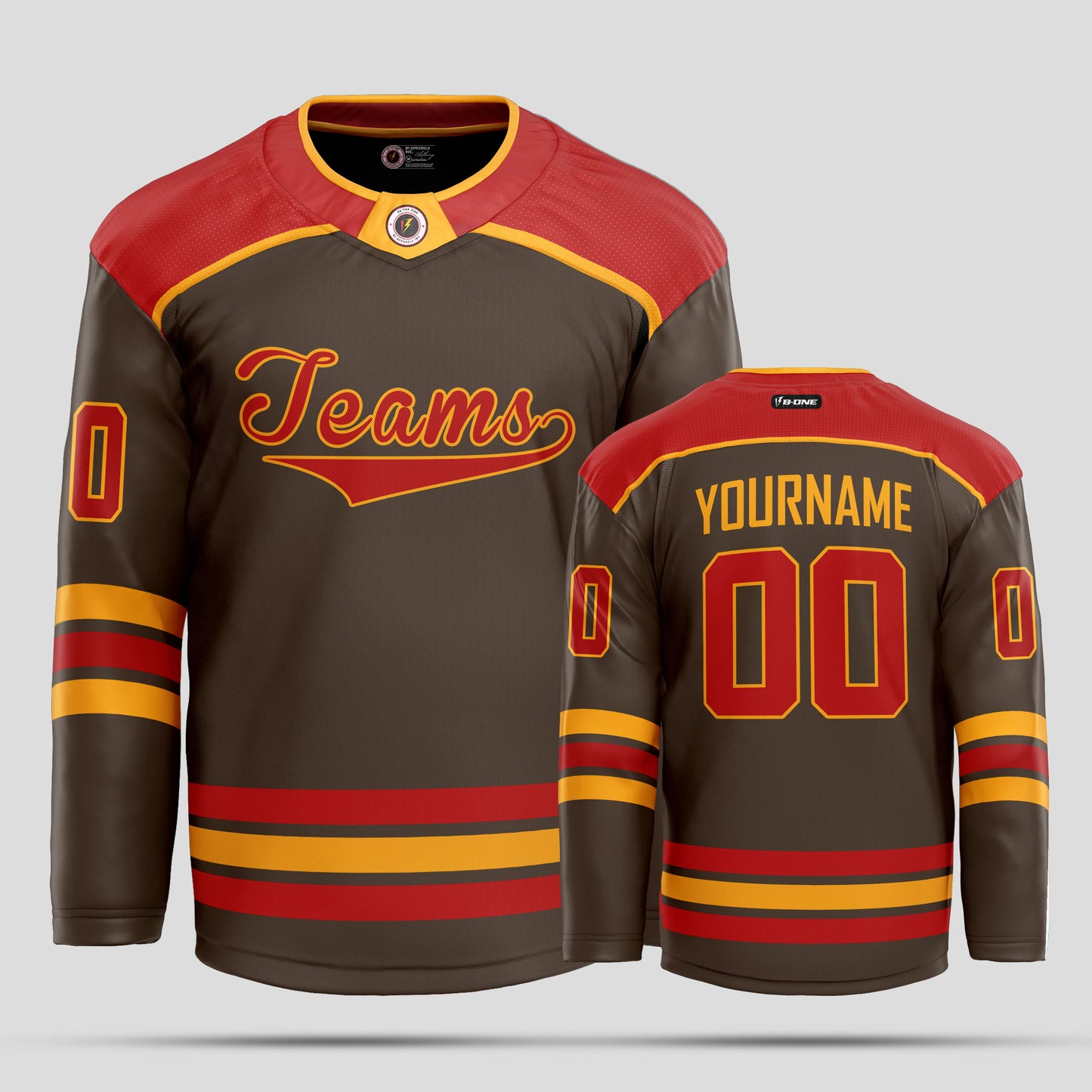 Custom Team Number Brown, Red, and Yellow Hockey Jersey