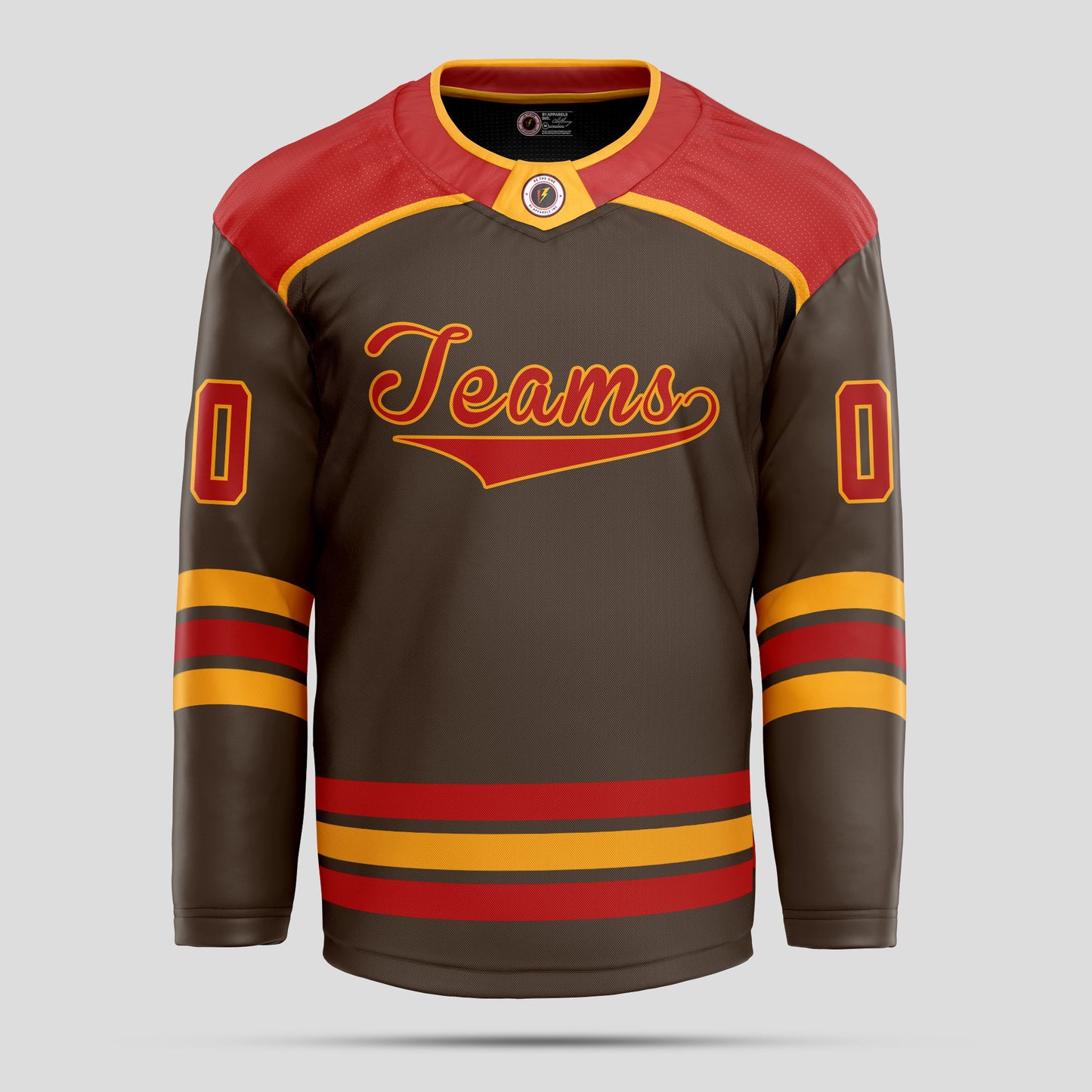 Custom Team Number Brown, Red, and Yellow Hockey Jersey