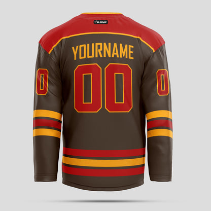 Custom Team Number Brown, Red, and Yellow Hockey Jersey