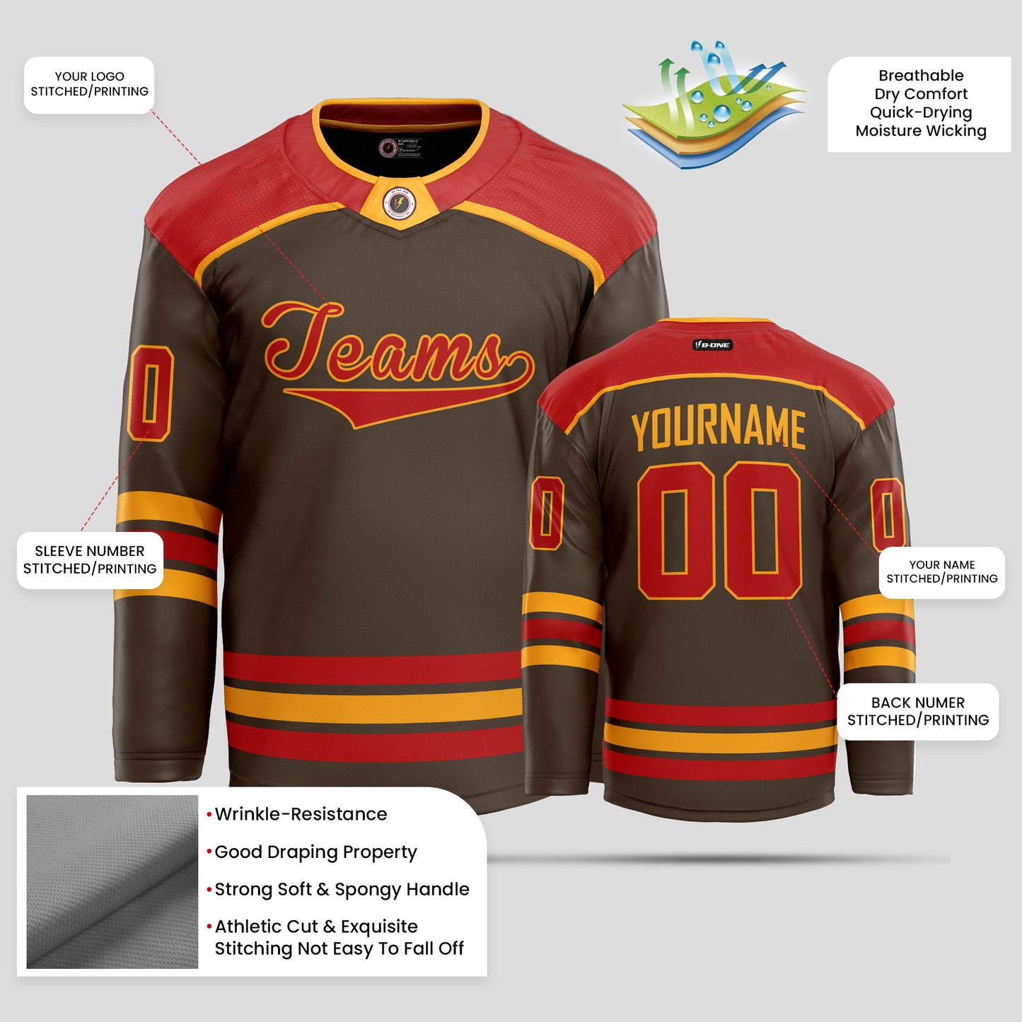 Custom Team Number Brown, Red, and Yellow Hockey Jersey