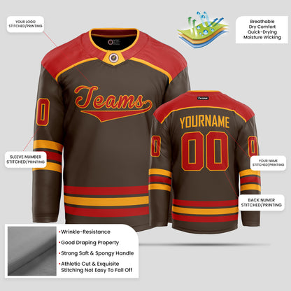 Custom Team Number Brown, Red, and Yellow Hockey Jersey