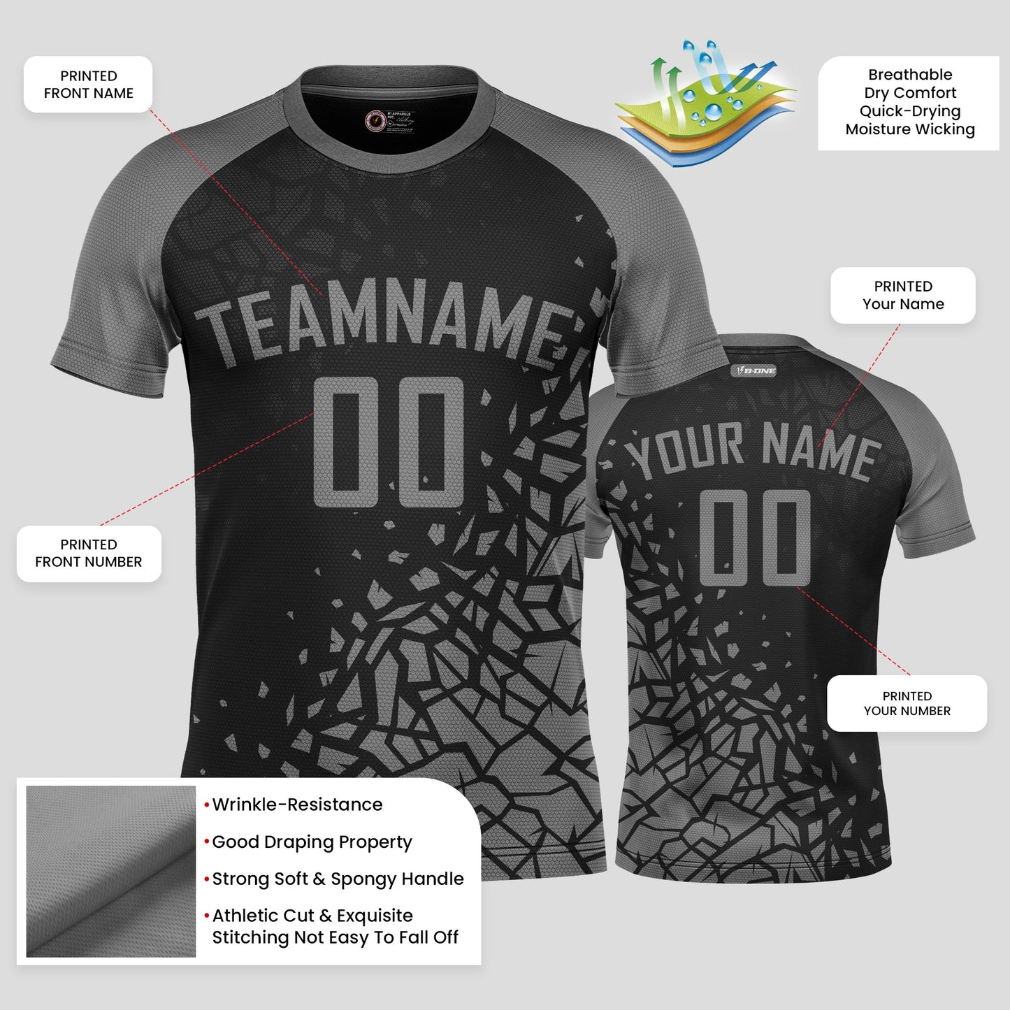 Custom Team Name Soccer Jerseys – Black & Gray Personalized Uniforms