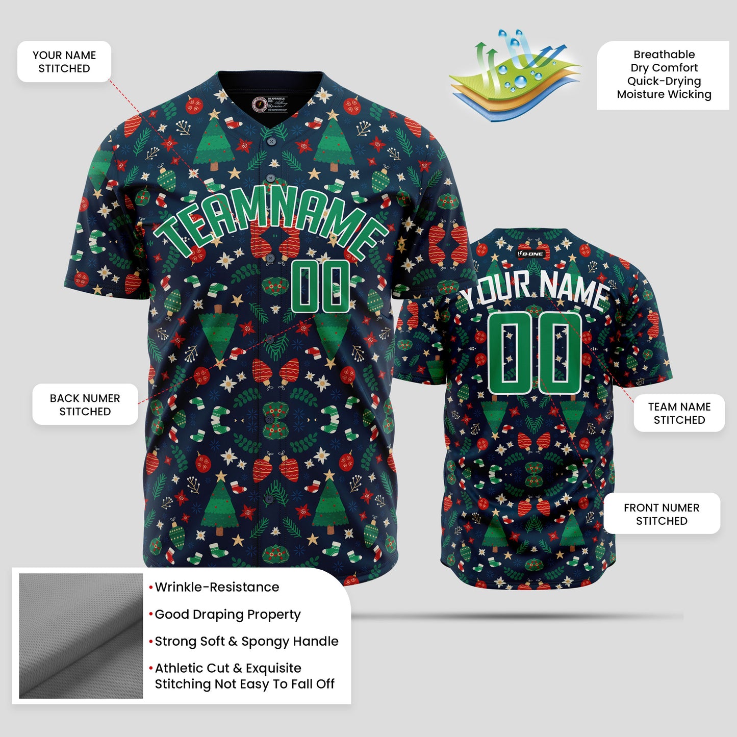 Custom Christmas-Themed 3D Authentic Baseball Jersey - Black & Green Team Name Design