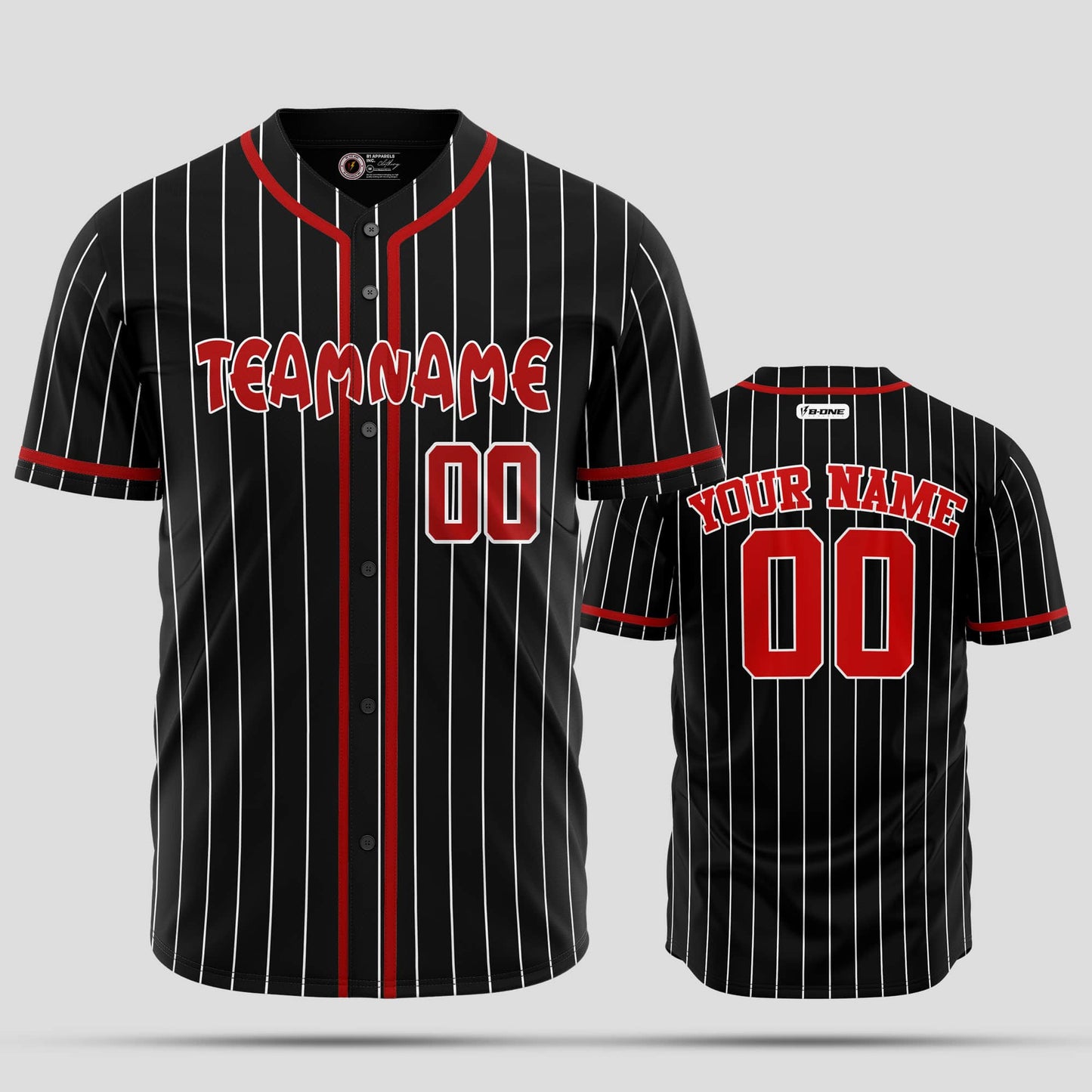 Custom Team Name Black Pinstripe and Red Authentic Baseball Jersey