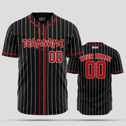 Custom Team Name Black Pinstripe and Red Authentic Baseball Jersey