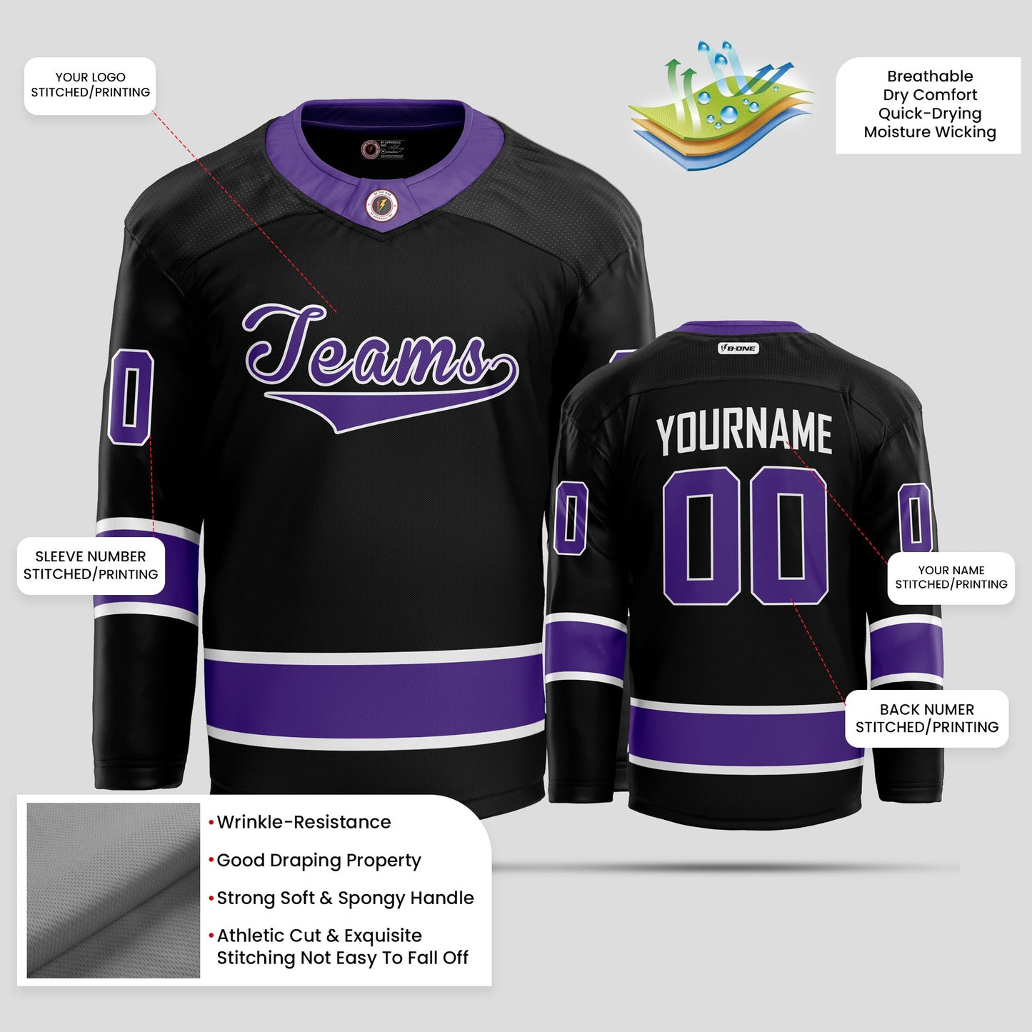 Custom Team Name Black and Purple Hockey Jersey