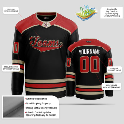 Custom Team Name Black, Red, and Gold Authentic Hockey Jersey