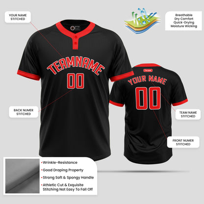 Custom Team Name Black and Red Neck Two-Button Baseball Jersey