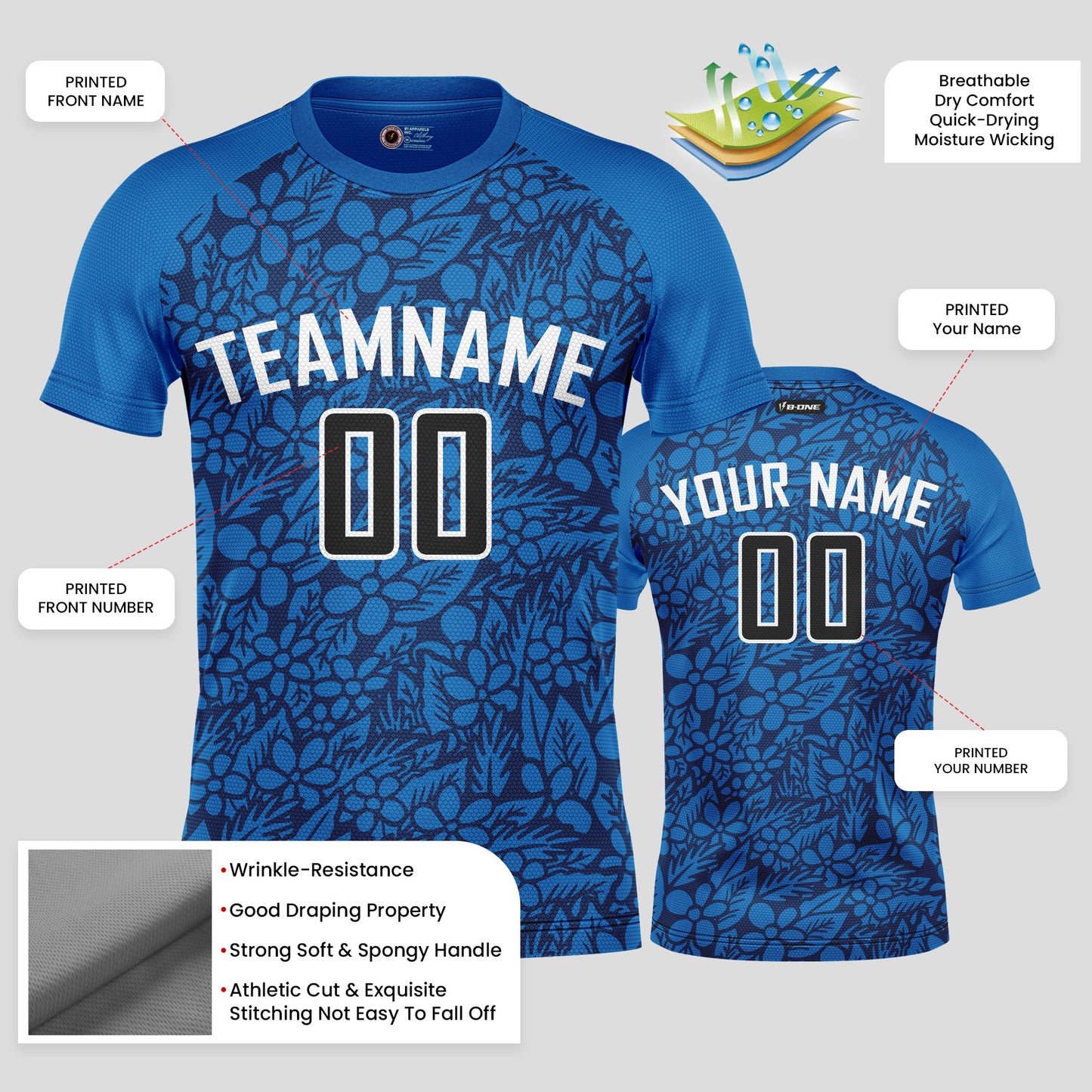 Custom Blue Soccer Jerseys with Personalized Team Numbers