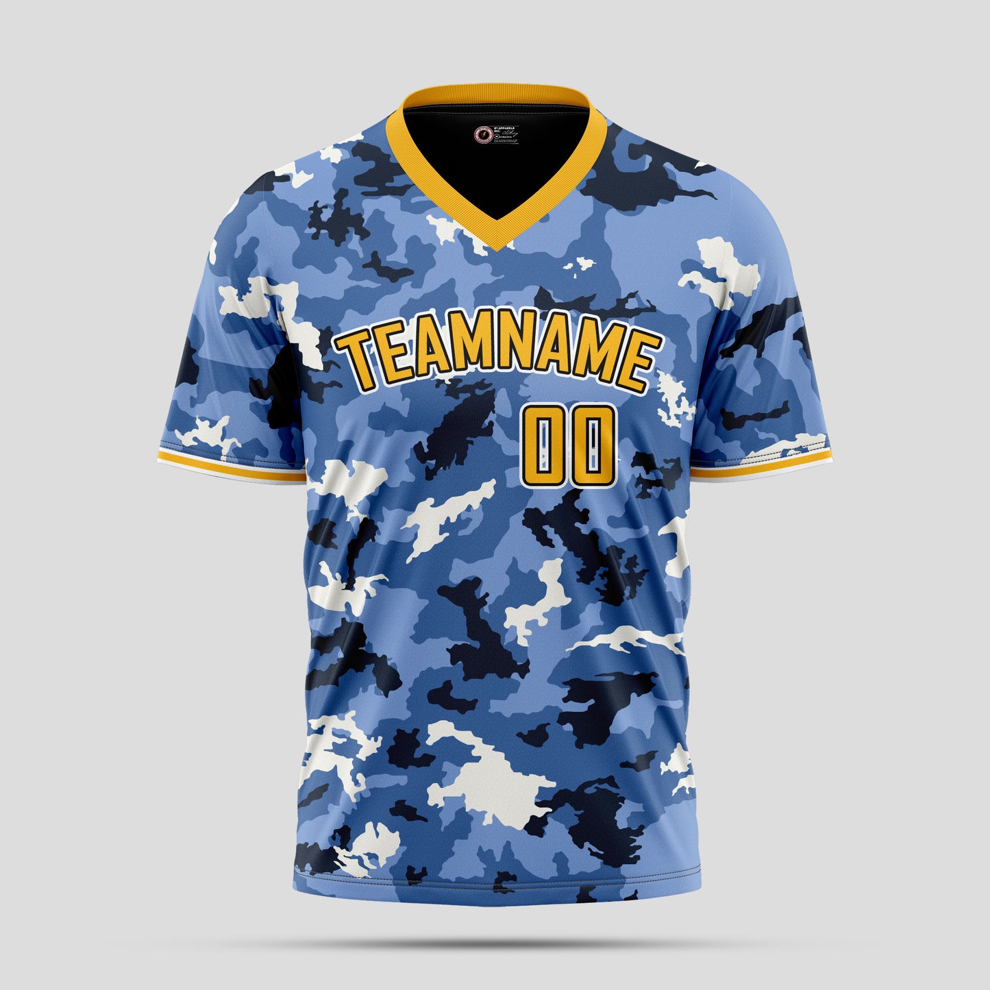 Custom Team Name Blue, Yellow, and Black Camo T-Shirts