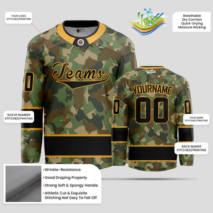 Custom Team Name Black and Yellow Camo Hockey Jersey - Personalized & Durable