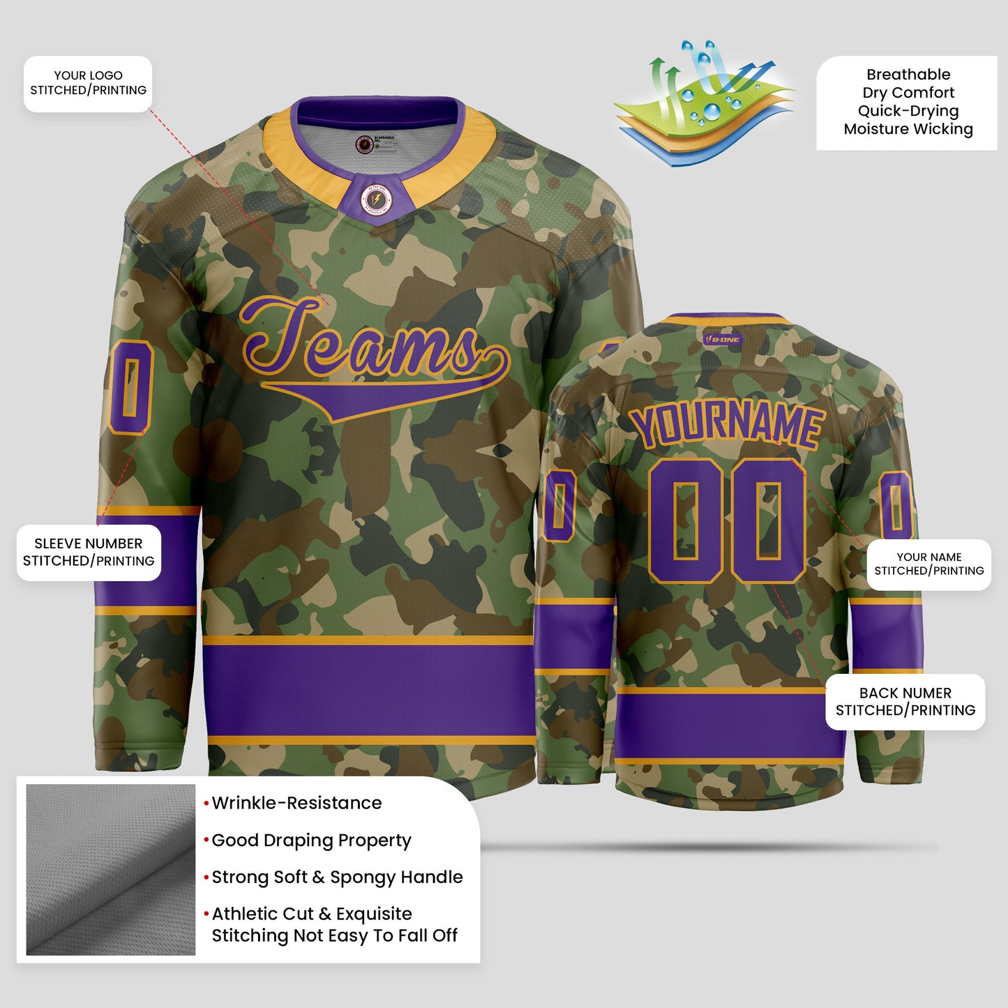 Custom Team Name Purple Camo Hockey Jersey - Personalized & Durable