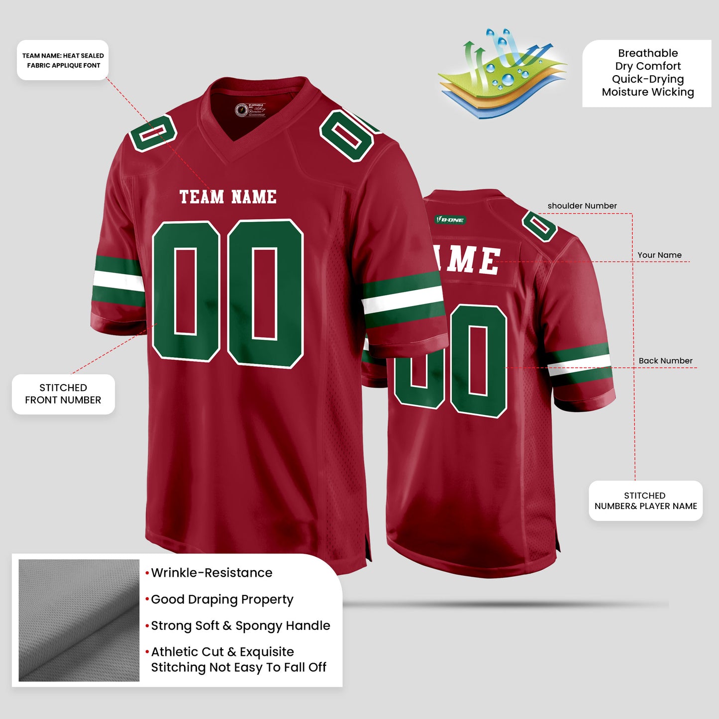 Custom Cardinal Green and White Football Jersey with Personalized Team Name