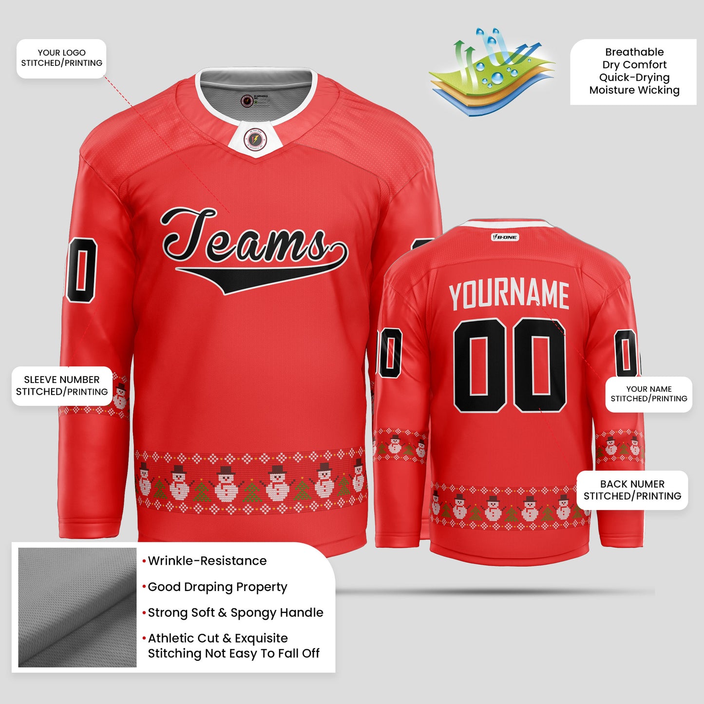 Custom Team Name Christmas Black and Red Hockey Jersey - Premium Quality & Personalized