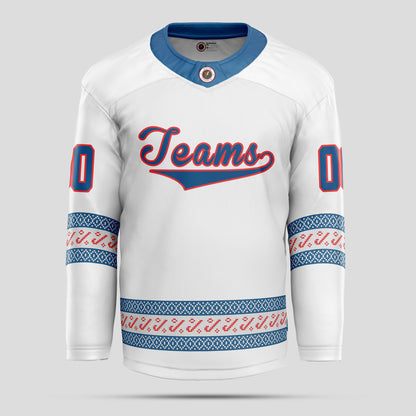 Custom Team Name Christmas White, Light Blue, and Red Hockey Jersey - Premium Quality & Personalized