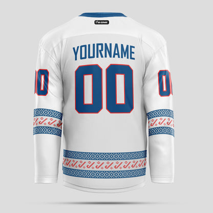 Custom Team Name Christmas White, Light Blue, and Red Hockey Jersey - Premium Quality & Personalized