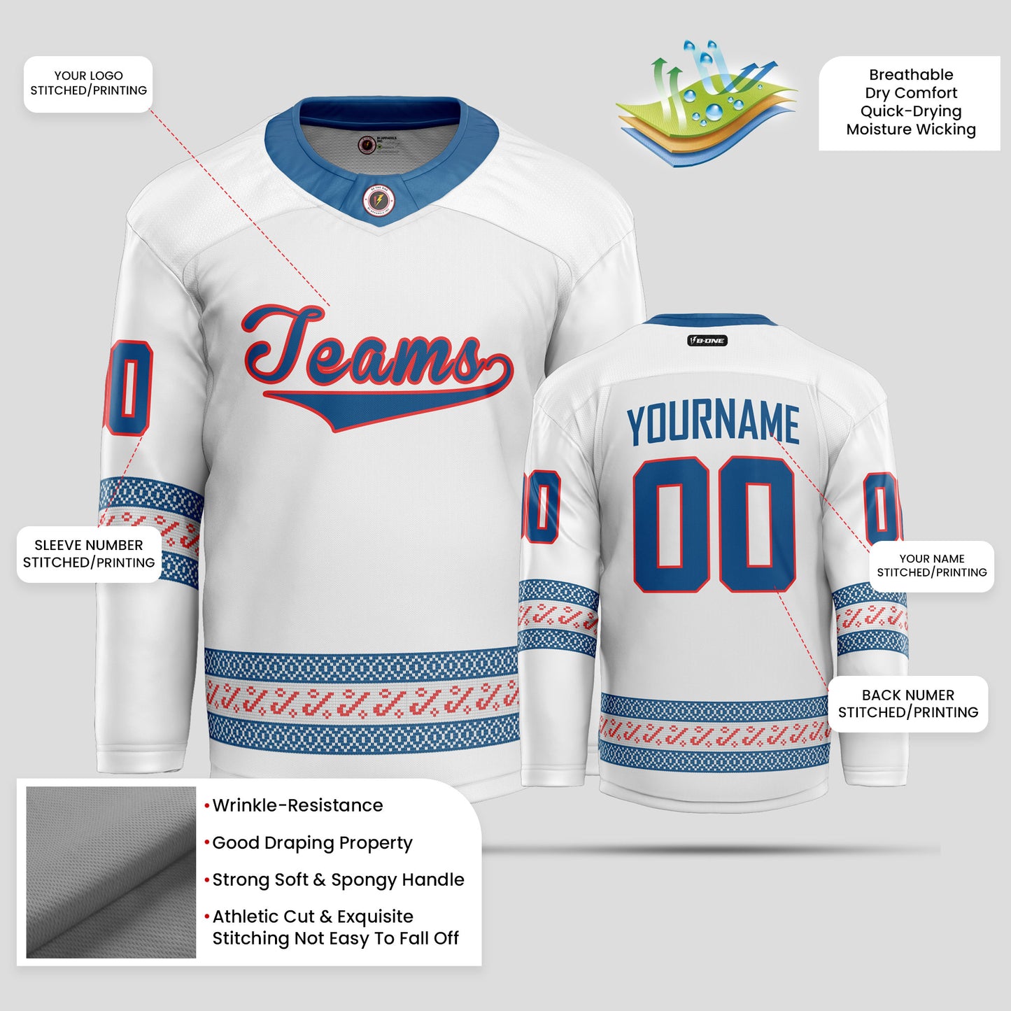 Custom Team Name Christmas White, Light Blue, and Red Hockey Jersey - Premium Quality & Personalized