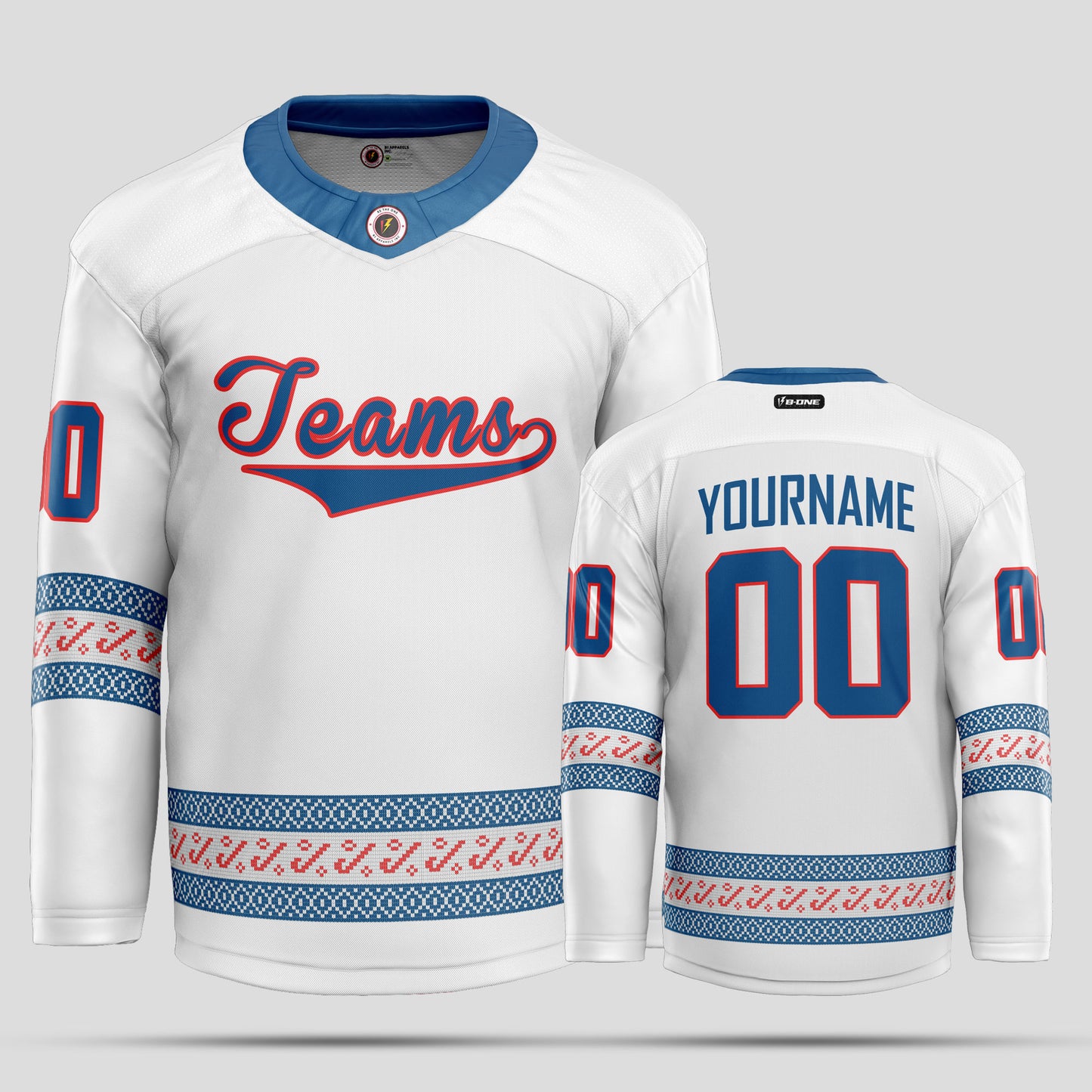 Custom Team Name Christmas White, Light Blue, and Red Hockey Jersey - Premium Quality & Personalized