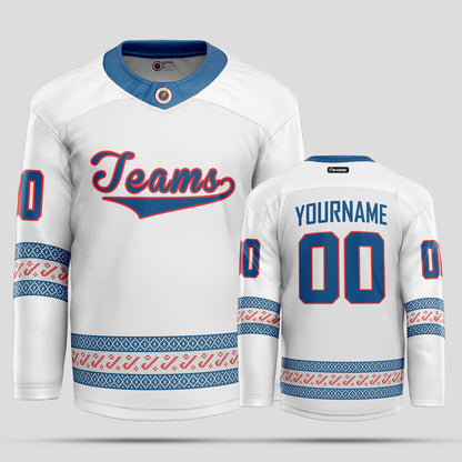 Custom Team Name Christmas White, Light Blue, and Red Hockey Jersey - Premium Quality & Personalized