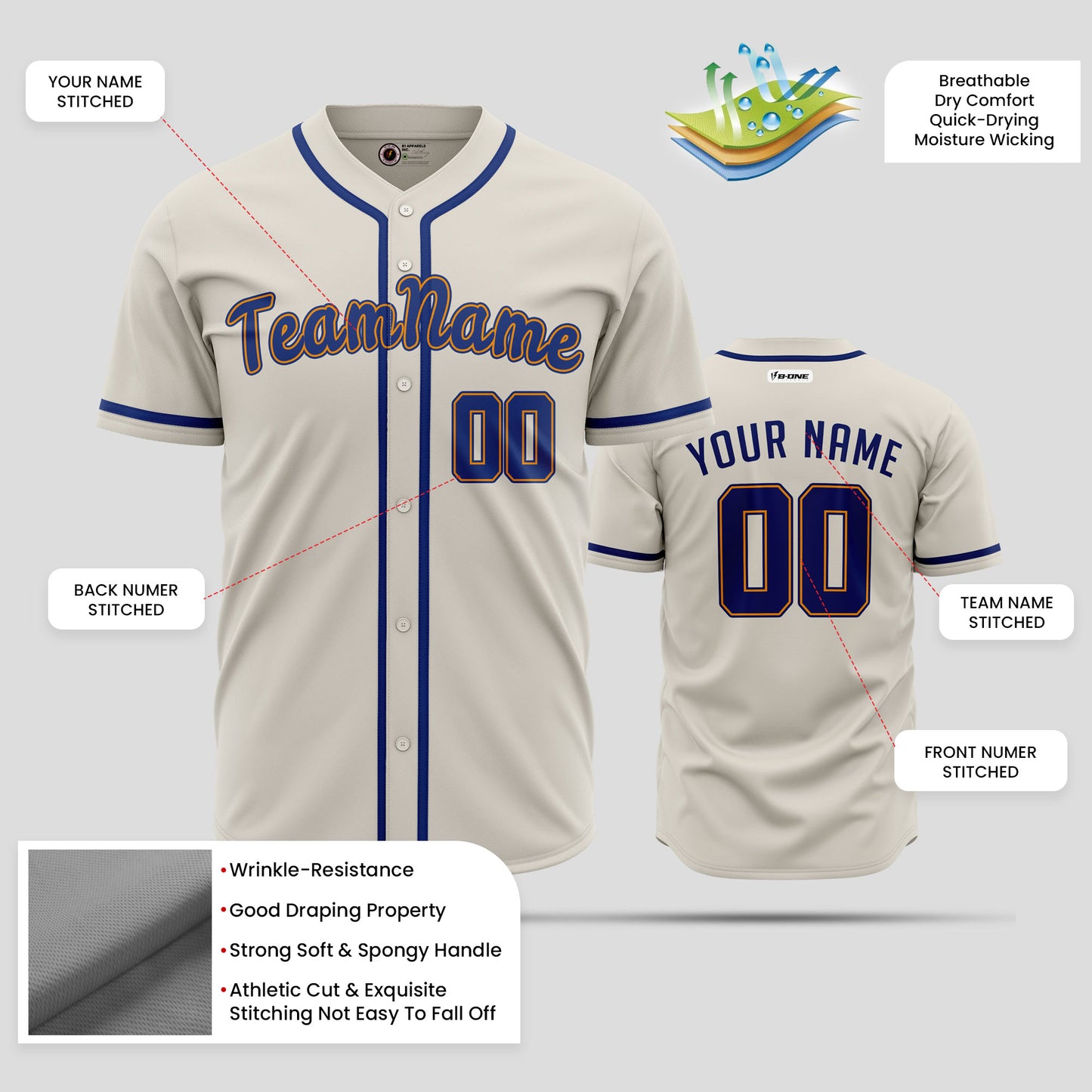 Custom Team Name Cream Navy-Blue Baseball Jersey - Elite Teamwear