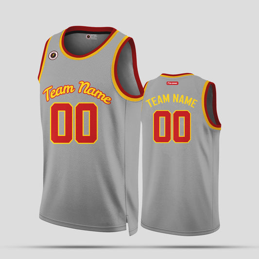 Custom Team Name Gray, Maroon, and Yellow Round Neck Basketball Jersey