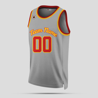 Custom Team Name Gray, Maroon, and Yellow Round Neck Basketball Jersey