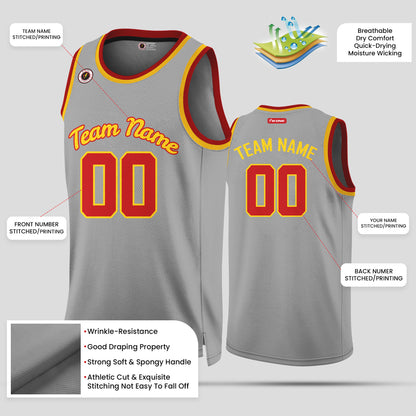 Custom Team Name Gray, Maroon, and Yellow Round Neck Basketball Jersey