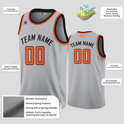 Custom Team Name Gray, Orange, and Black Authentic Rib Knit Basketball Jersey